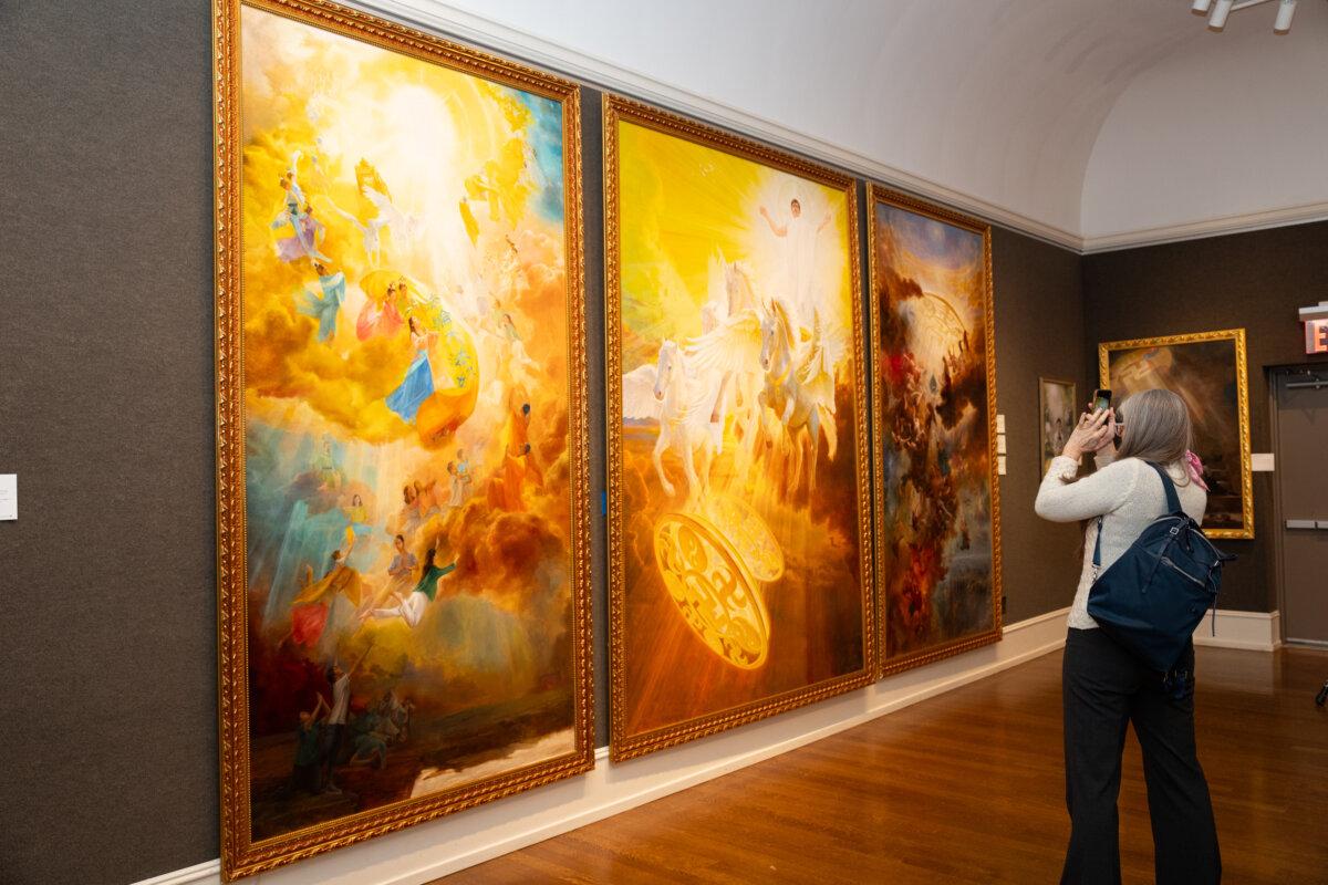 "The Infinite Grace of Buddha" triptych displayed at the NIFPC finalist competition at the Salmagundi Club in New York City on Jan. 15, 2024. (Larry Dye/The Epoch Times)