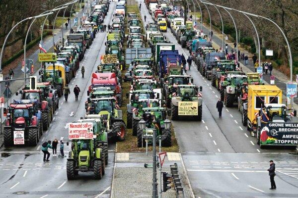 Tractors and trucks stand in a street during a farmers' protest in Berlin on Jan. 15, 2024.<br/>(John MacDougall/AFP via Getty Images)