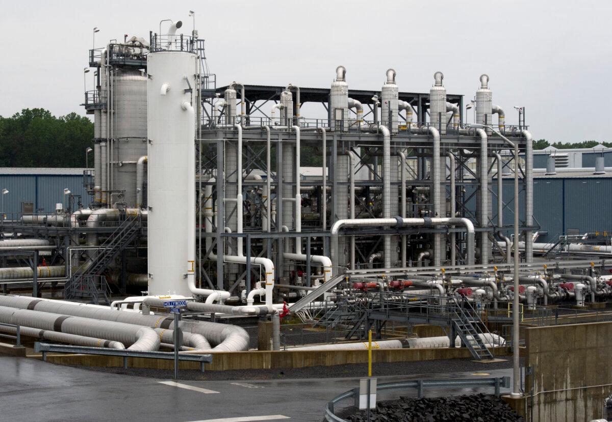 A heat exchanger and transfer pipes at Dominion Energy's Cove Point LNG Terminal in Lusby, Maryland. (Cliff Owen/AP Photo)