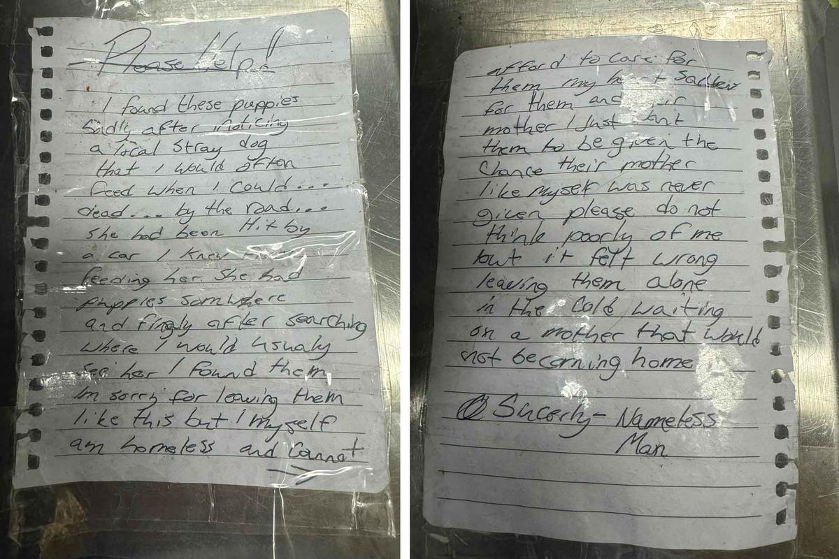 The note found with the abandoned puppies, left by an anonymous man. (Courtesy of Fayetteville Animal Protection Society)