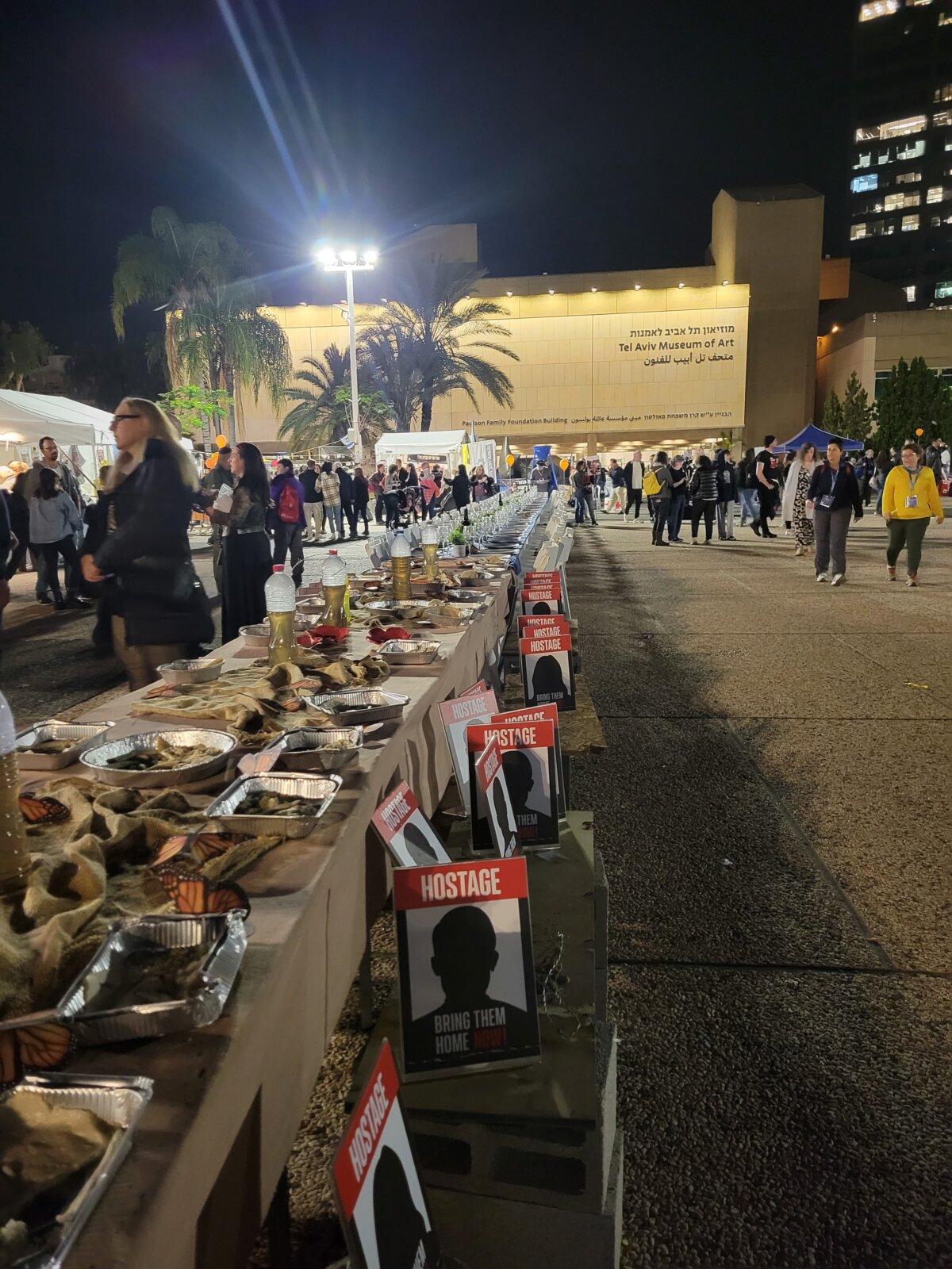 A memorial to Israeli hostages kidnapped by Hamas in the Oct. 7 attack, at Hostage Square in Tel Aviv in January 2024. (Courtesy of Bethann Johnston.)