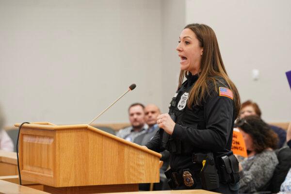 Probation officer Carmen Creagor spoke for better wages and benefits during a county legislature meeting in Goshen, N.Y., on Feb. 1, 2024. (Cara Ding/The Epoch Times)