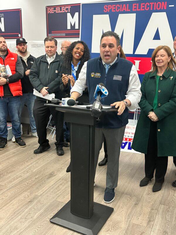Rep. Anthony D'Esposito (R-N.Y.) supports candidate Mazi Pilip at GOP club in Franklin Square, N.Y., on Feb. 7, 2024 (Courtesy of Juliette Fairley)