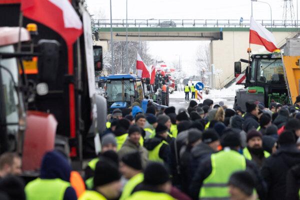 Polish farmers protest near the border with Ukraine over price pressures, taxes, and green regulation in Hrubieszow, Poland, on Feb. 9, 2024. (Jakub Orzechowski/Agencja Wyborcza.pl via Reuters)