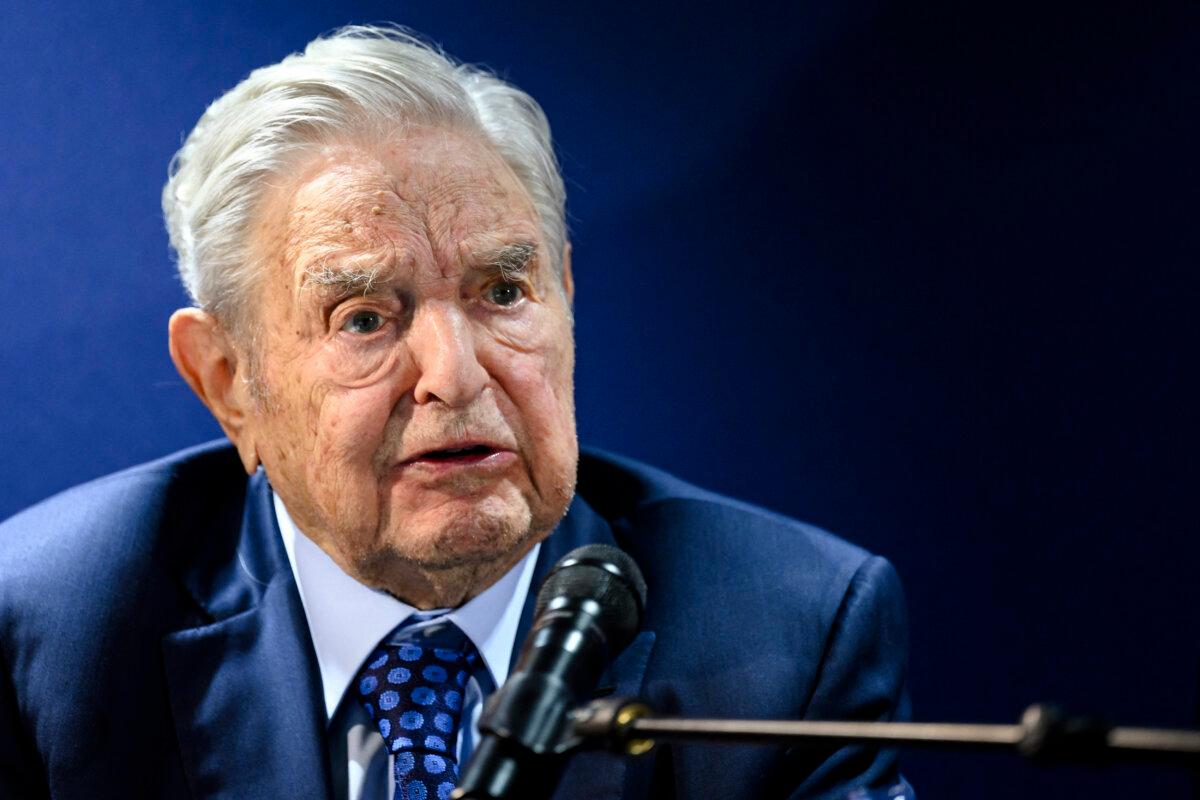 After delivering a speech, George Soros answers questions on the sidelines of the World Economic Forum annual meeting in Davos, Switzerland, on May 24, 2022. (Fabrice Coffrini/AFP via Getty Images)