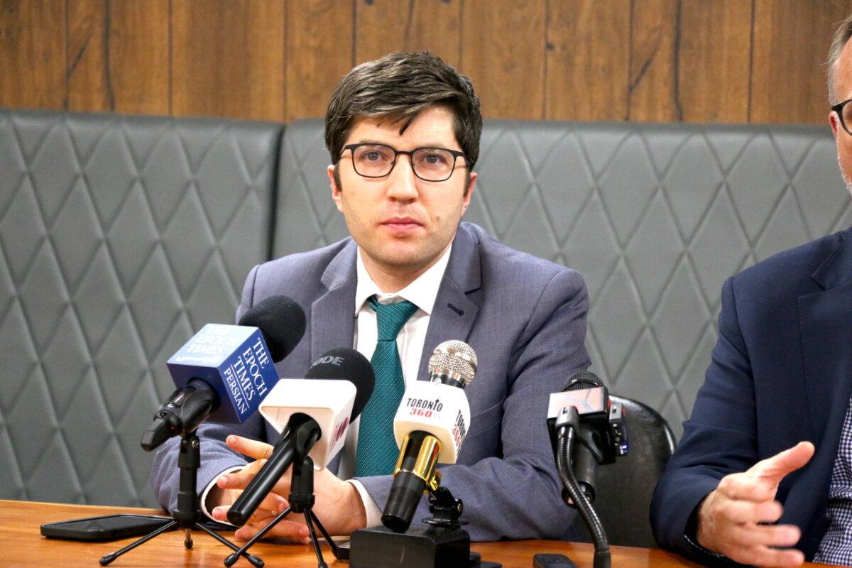 Conservative MP Garnett Genuis speaks to reporters at a press conference in Mississauga, Canada, on Feb. 22, 2024. (Andrew Chen/The Epoch Times)