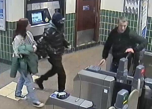 A screengrab of a CCTV image of three suspects wanted by police in connection with an incident involving a corrosive substance at Elm Park station in London on Feb. 25, 2024. (British Transport Police)