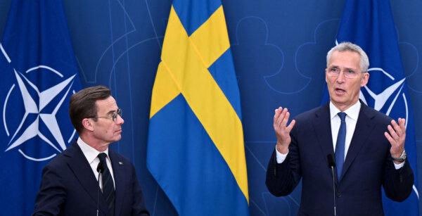 Swedish Prime Minister Ulf Kristersson (L) and NATO Secretary General Jens Stoltenberg address a press conference in Stockholm on Oct. 24, 2023. (Jonathan Nackstrand/AFP via Getty Images)