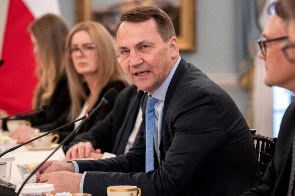 Polish Foreign Minister Radoslaw Sikorski speaks while meeting with Secretary of State Antony Blinken, not pictured, at the State Department in Washington, on Feb. 26, 2024. (Jacquelyn Martin / AP Photo)