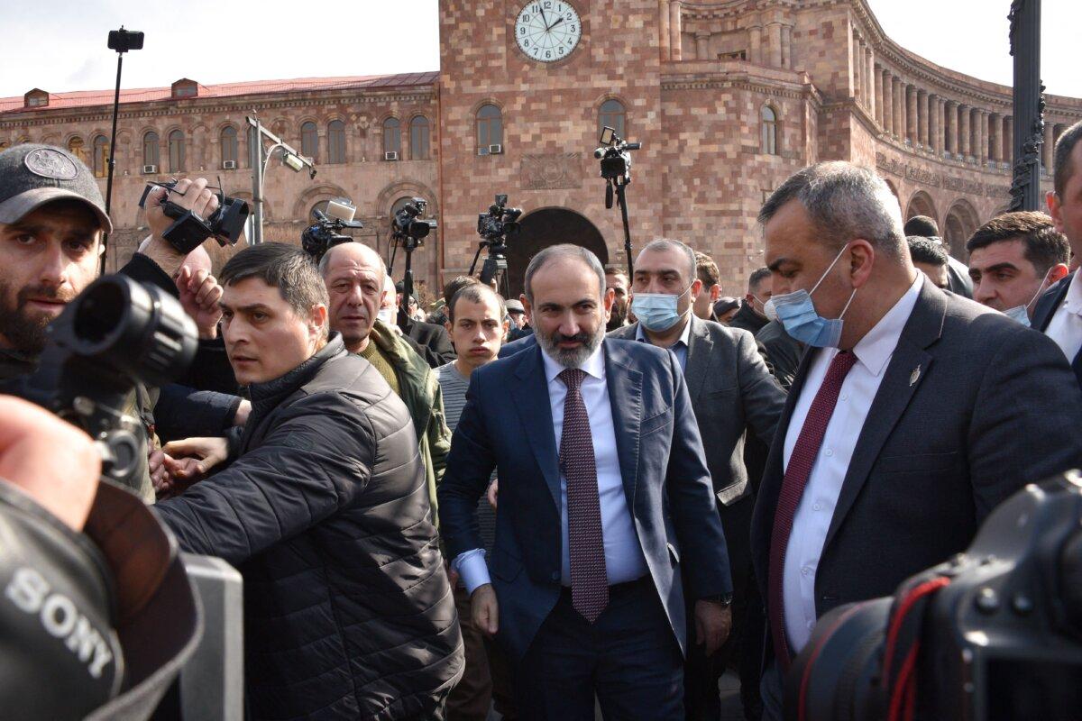 Armenian Prime Minister Nikol Pashinyan meets supporters in Yerevan, Armenia, on Feb. 25, 2021. (Karen Minasyan/AFP via Getty Images)