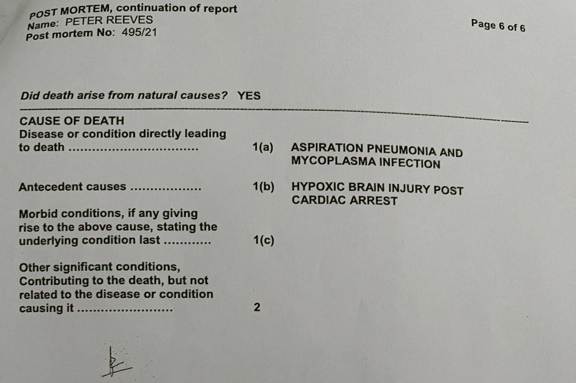 A page from the post mortem report on Peter Reeves dated Feb. 10, 2022. (Courtesy of Ali Lilley)