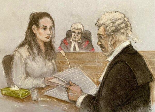 Court artist sketch of Constance Marten being questioned by her barrister Francis FitzGibbon KC at the Old Bailey, central London, on March 7, 2024. (Elizabeth Cook/PA Wire)