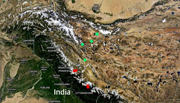 The red dots indicate the Indian states of Himachal Pradesh and Uttrakhand. These two Himalayan states share 331 miles of disputed border with China. India has recently deployed 10,000 soldiers along this border stretch. Green dots are roughly placed along the Ladakh border. (Google map adapted by Venus Upadhayaya)