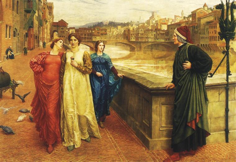 “Dante and Beatrice,” 1883, by Henry Holiday, inspired by La Vita Nuova. (Public Domain)