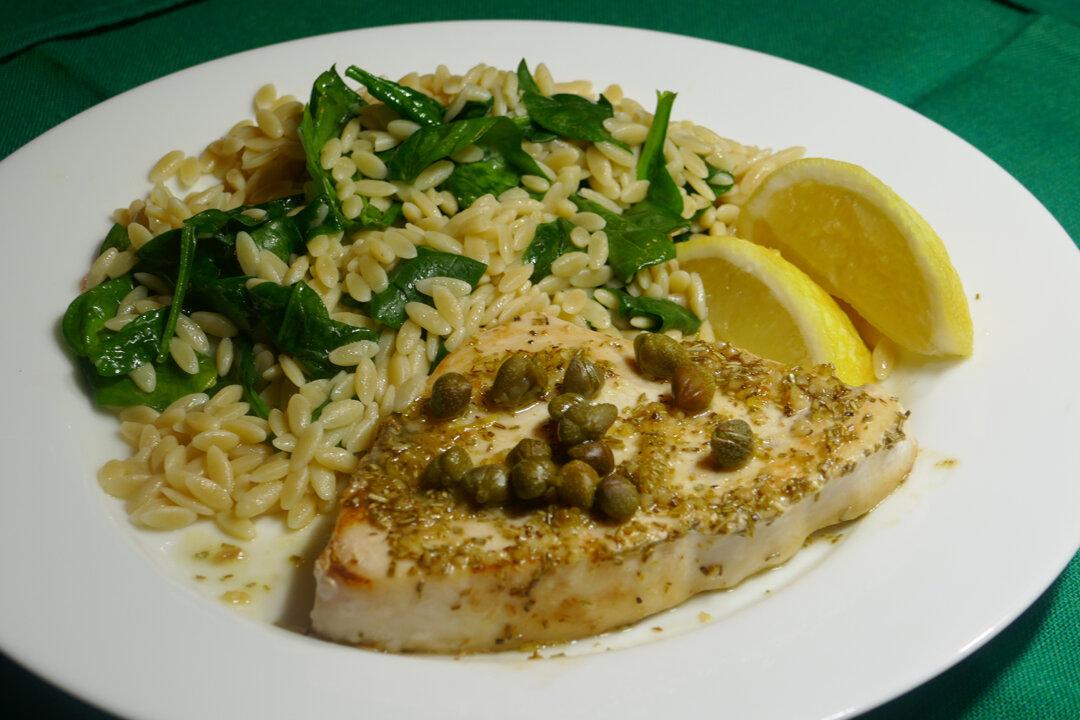 Rosemary, Lemon, Garlic Swordfish With Spinach Orzo