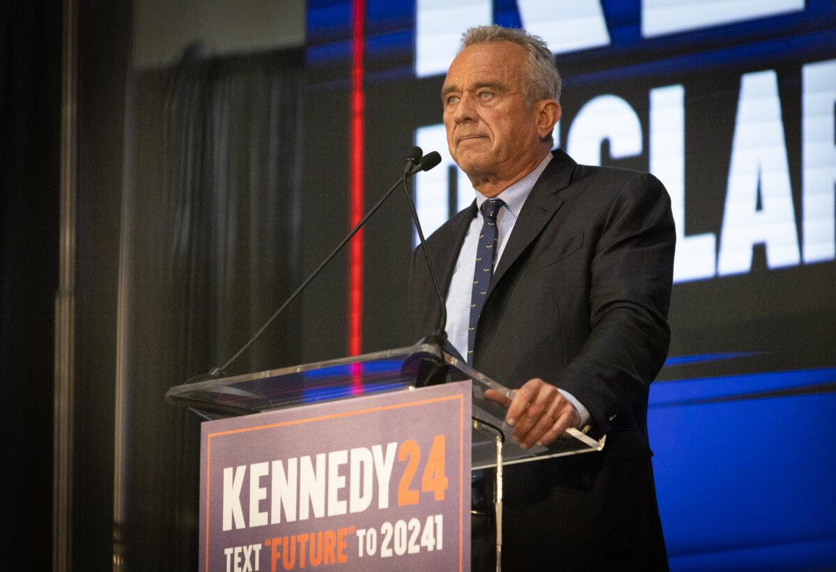 Robert F. Kennedy Jr. announces his pick for running mate Nicole Shanahan in Oakland, Calif., on March 26, 2024. (John Fredricks/The Epoch Times)