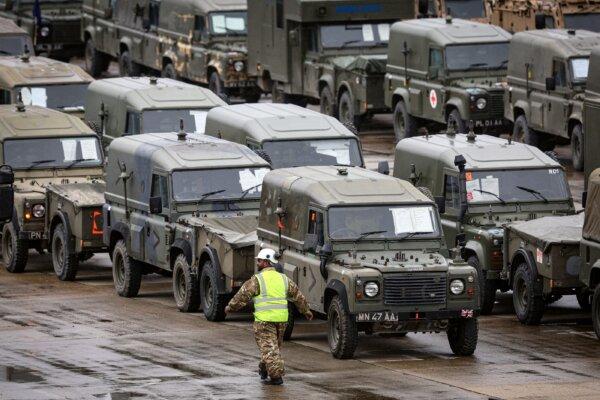 Military vehicles including trucks and support vehicles at the Marchwood Military Sea Mounting Centre near Southampton, England, on Feb. 13, 2024. (Adrian Dennis/AFP via Getty Images)
