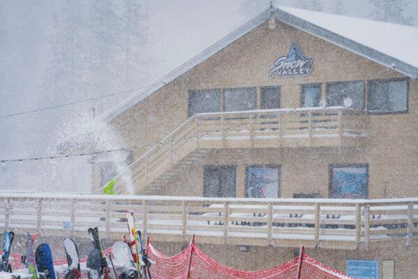 Snow falls on the Big Mountain Resort property during a storm in Big Bear Lake, Calif., on March 30, 2024. (Big Mountain Resort via AP)