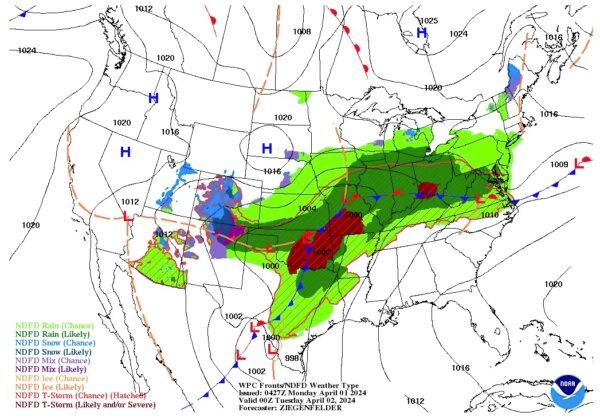 NOAA forecast map on Sunday night, March 31, 2024, showing risk of rain, snow, and thunderstorms for Monday midnight. (Screenshot via The Epoch Times/NOAA)