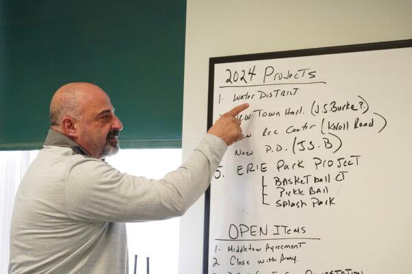 Goshen Supervisor Joseph Betro talks about his new water district idea in his office in Goshen, N.Y., on March 29, 2024. (Cara Ding/The Epoch Times)