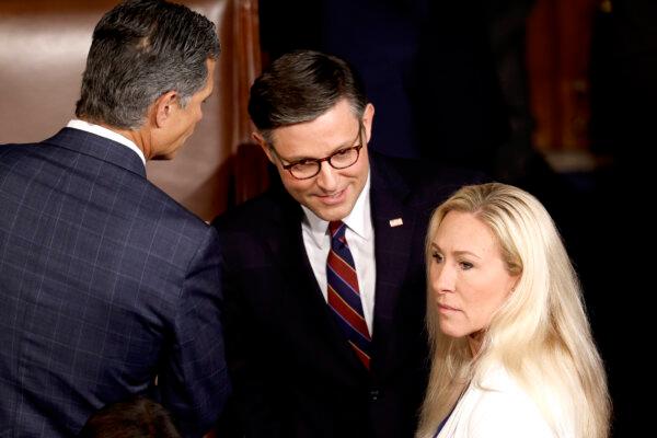Rep. Daniel Meuser (L), Speaker of the House Mike Johnson (C), and Rep. Marjorie Taylor Greene (R) speak to one another at the U.S. Capitol, on April 11, 2024. (Anna Moneymaker/Getty Images)