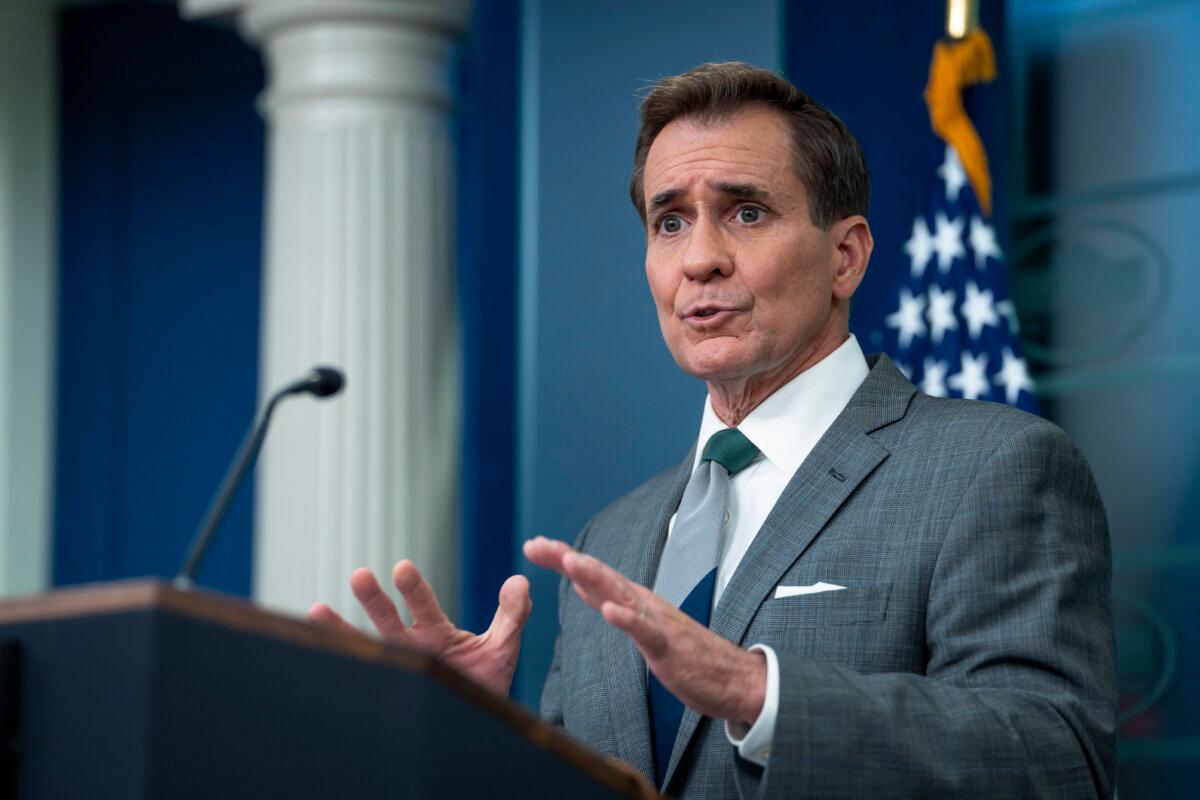 National Security Council Coordinator for Strategic Communications John Kirby speaks to the media during a press briefing at the White House on April 15, 2024. (Madalina Vasiliu/The Epoch Times)