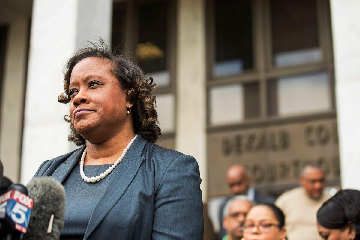 DeKalb County District Attorney Sherry Boston speaks during a press conference in front of the DeKalb County Courthouse in Decatur, Ga., on Oct. 14, 2019. (Alyssa Pointer/Atlanta Journal-Constitution via AP, File)