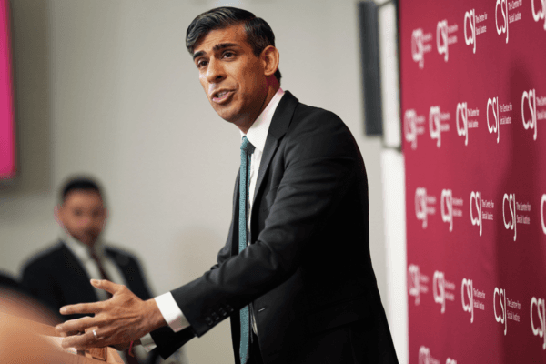 Prime Minister Rishi Sunak giving a speech on welfare reform in central London on April 19, 2024. (Yui Mok/PA Wire)