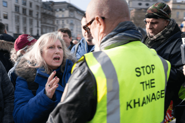 Susan Hall, the Conservative London mayoral candidate, speaking to protesters during an anti-ULEZ protest in Trafalgar Square, London, on Jan. 27, 2024. (Stefan Rousseau/PA Wire)