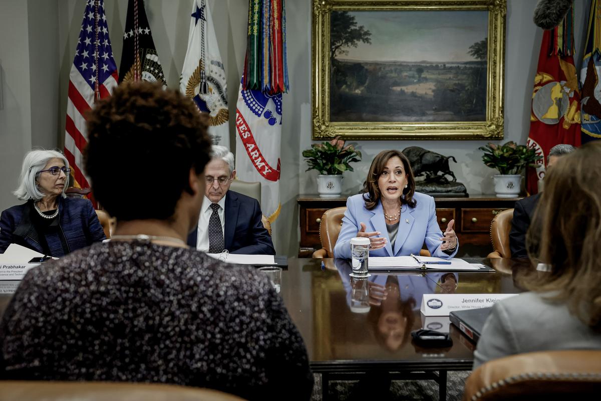 Vice President Kamala Harris speaks during a meeting with the Biden administration’s Task Force on Reproductive Health Care Access at the White House in Washington on April 12, 2023. (Anna Moneymaker/Getty Images)