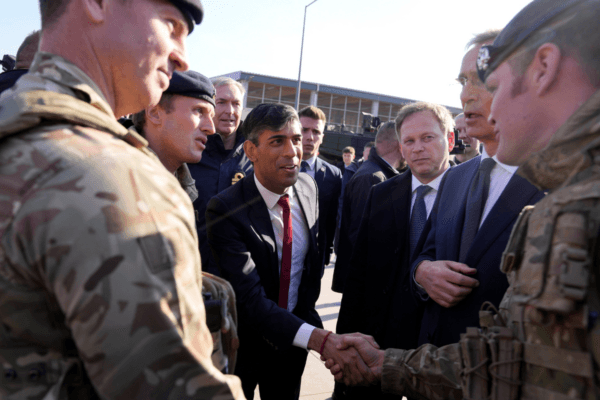 Prime Minister Rishi Sunak speaks to British soldiers at the Warsaw Armoured Brigade in Warsaw, Poland, on April 23, 2024. (Alastair Grant/PA Wire)