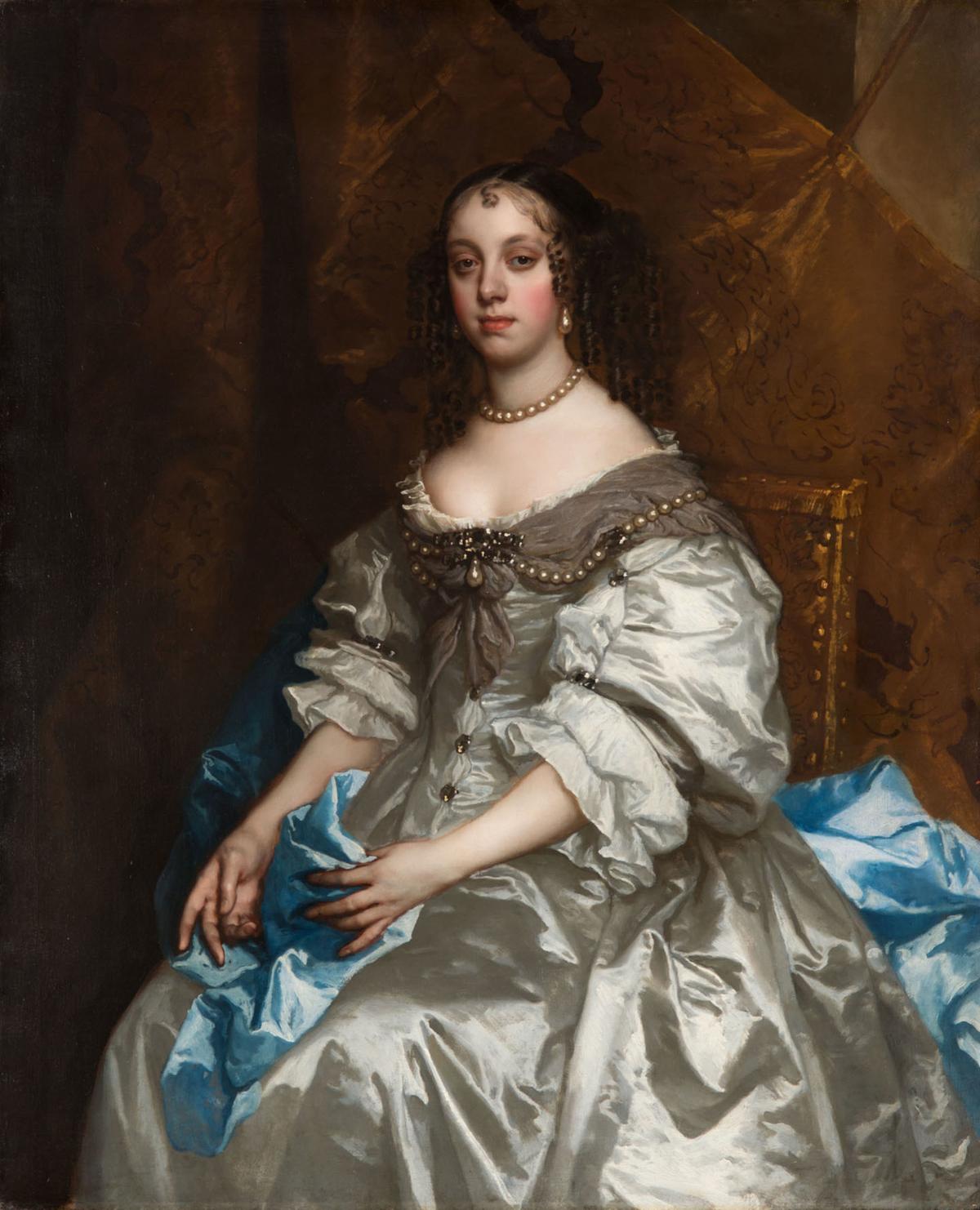 Catherine of Braganza, from 1663 until 1665, by Peter Lely. Oil on canvas; 49 3/10 inches by 40 2/5 inches. Royal Collection, UK. (Public Domain)