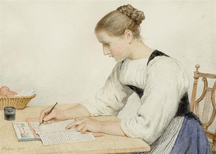 “Young Woman Writing a Letter,” 1903, by Albrecht Anker. (Public Domain)