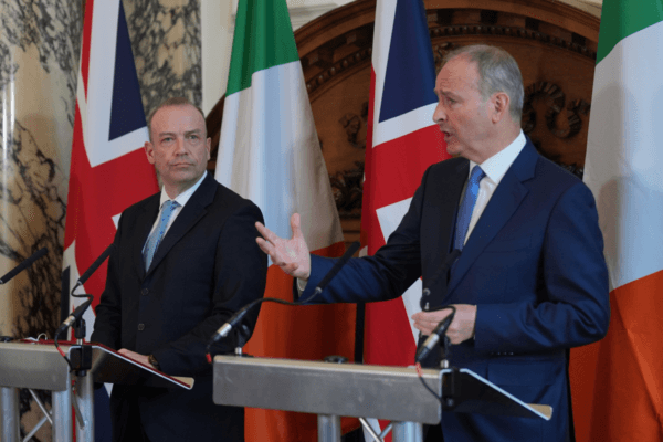 Northern Ireland Secretary Chris Heaton-Harris and Tanaiste Micheal Martin during the British–Irish Intergovernmental Conference press conference in London on April 29, 2024. (Yui Mok/PA Wire)