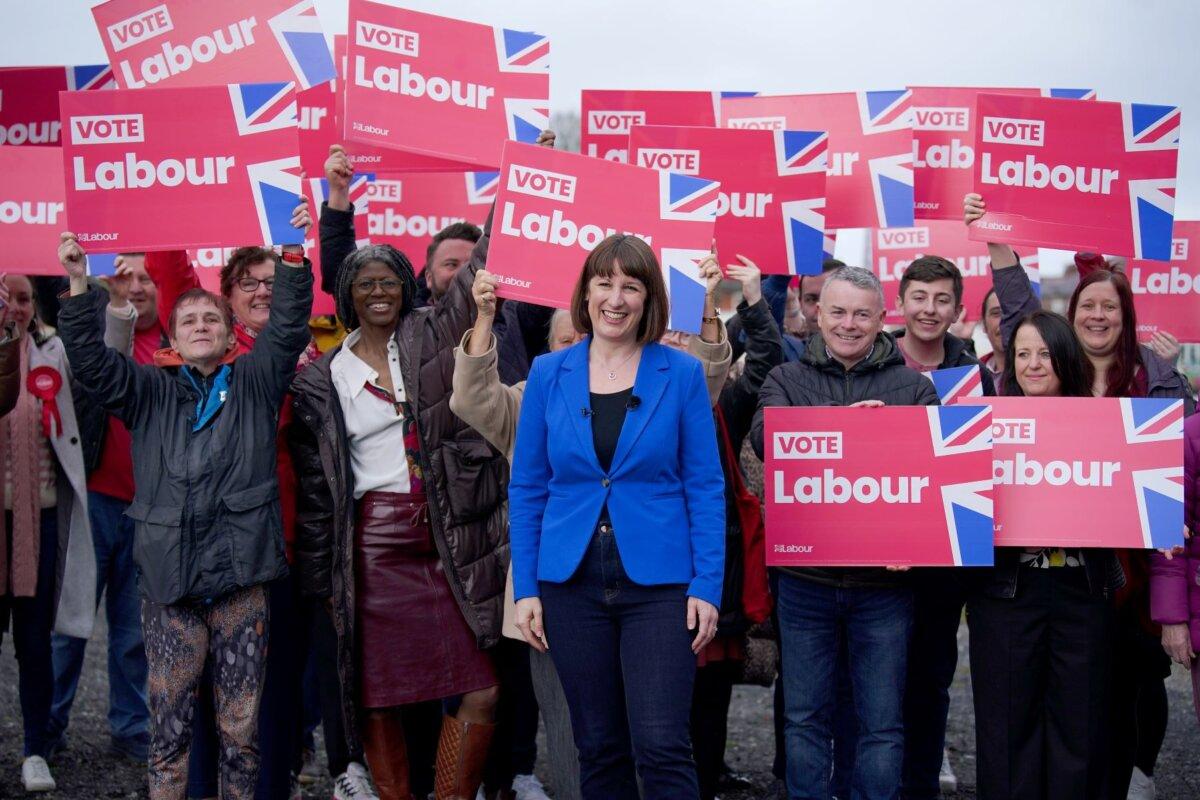 Shadow chancellor Rachel Reeves (C) with party activists during Labour's by-election campaign launch in Blackpool, England, on April 5, 2024. (PA)