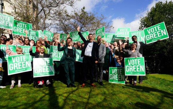 Green Party co-leaders Carla Denyer (L) and Adrian Ramsey (R) during the party's local election campaign launch in Bristol on April 4, 2024. (PA Wire)