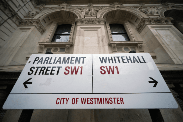 A street sign giving directions to Parliament Street and Whitehall in London on Jan. 22, 2022. (Yui Mok/PA Wire)