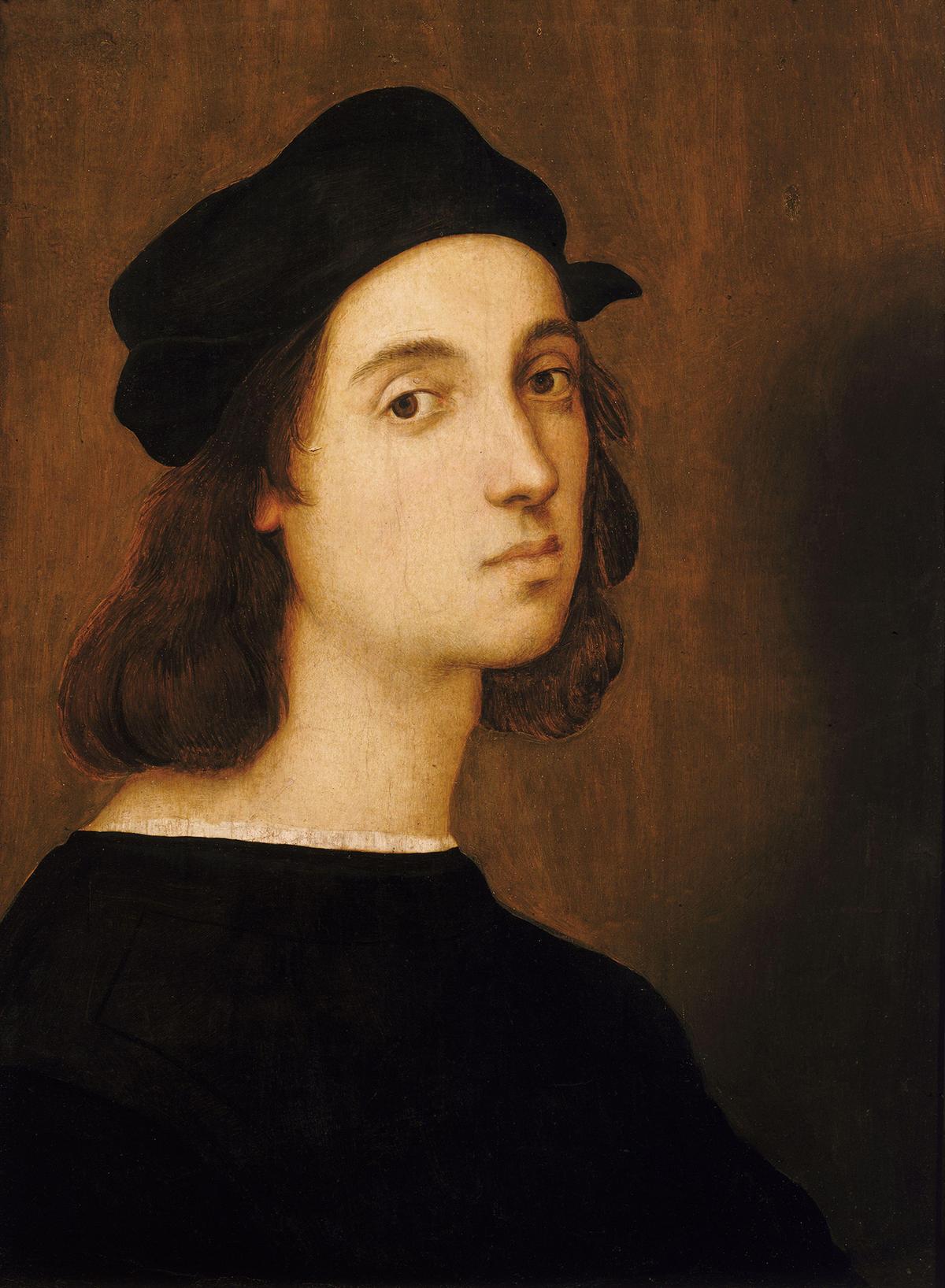 A self-portrait, between 1504 and 1506, by Raphael. Tempera on panel; 18 7/16 inches by 12 9/10 inches. Palatine Gallery, Pitti Palace, Florence. (Public Domain)
