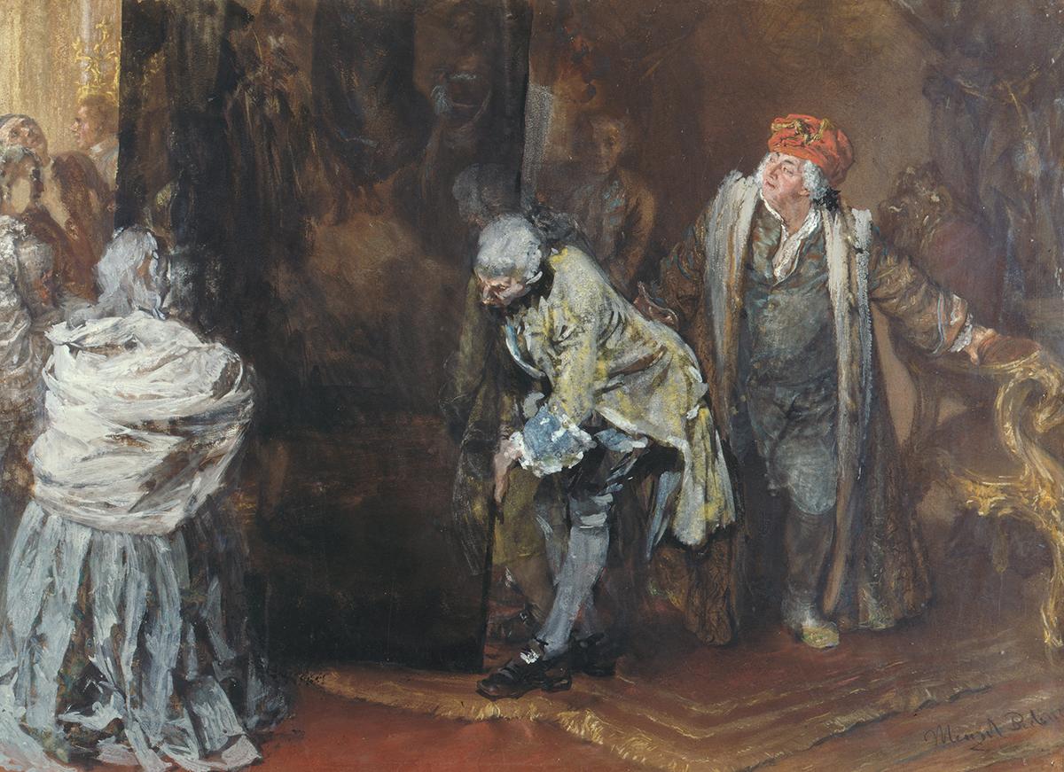 "Make Space for the Great Raphael!," 1855–1859, by Adolph von Menzel. Gouache and pastel on paper mounted on cardboard. German National Museum, Nuremberg. (Public Domain)