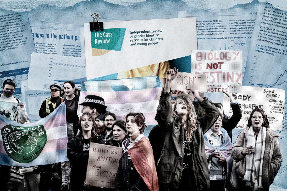 (Illustration by The Epoch Times, The Cass Review, Getty Images, Freepik)