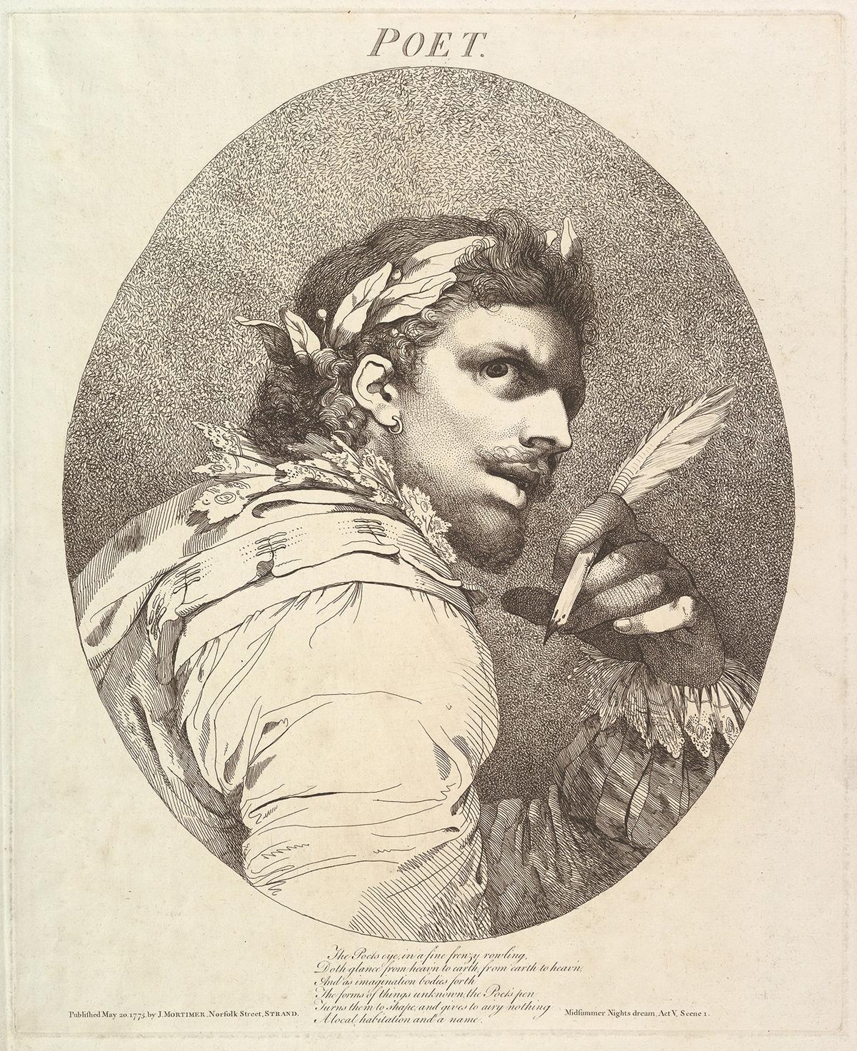 Duke Theseus in "A Midsummer Night's Dream" describes a poet's artistic creativity as the bridge between nature and the divine. An etching, "Poet (From 'Twelve Characters From Shakespeare')," 1775, by John Hamilton Mortimer. The Metropolitan Museum of Art, New York City. (Public Domain)