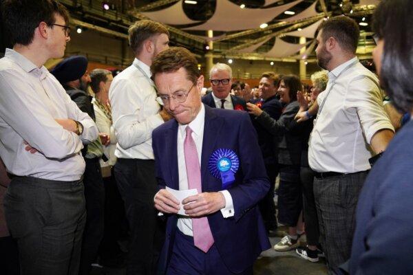 The defeated Conservative candidate Andy Street leaves the West Midlands mayoral election count in Birmingham, England on May 4, 2024. (PA Wire)