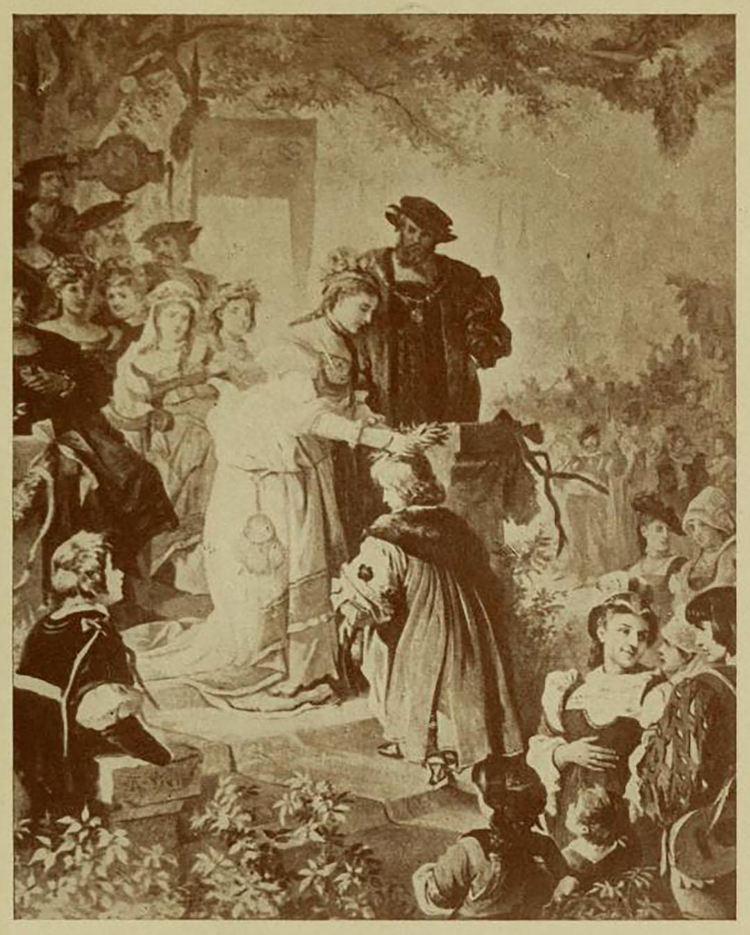 An illustrated plate of the "Crowning of the Master-Singer," 1912, from "The Master-Singers of Nuremberg" by Oliver Huckel. Internet Archive. (Public Domain)