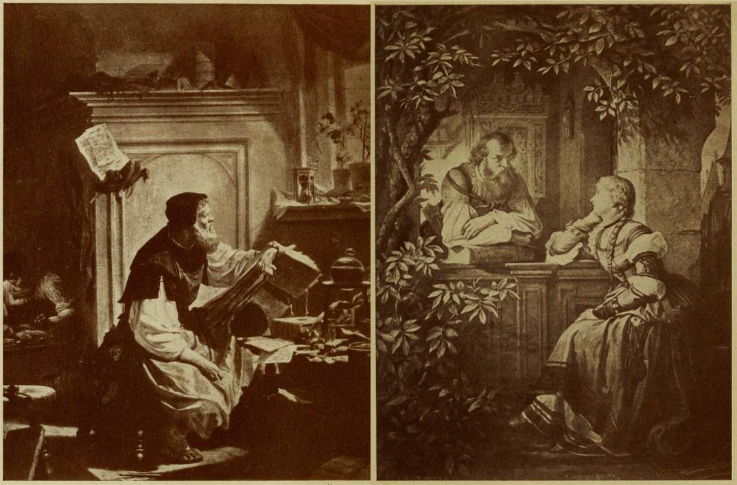 (L) "The Cobbler-Poet Among His Books" and "A Chat With Hans Sachs," 1912, from "The Master-Singers of Nuremberg" by Oliver Huckel. Internet Archive. (Public Domain)