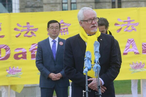 Conservative MP Colin Carrie speaks during the Falun Dafa Day event on Parliament Hill in Ottawa on May 8, 2024. (Kano Ye/The Epoch Times)