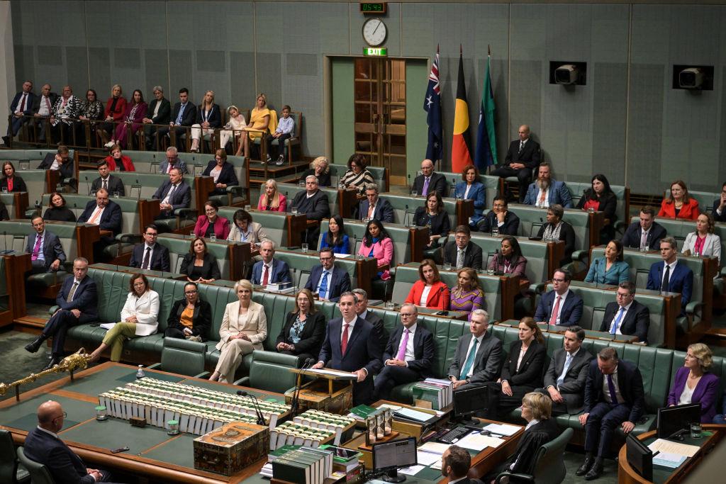 Australia’s Treasurer Jim Chalmers (C, at podium) delivers his budget speech at Parliament House in Canberra, Australia on May 14, 2024. (Tracey Nearmy/Getty Images)