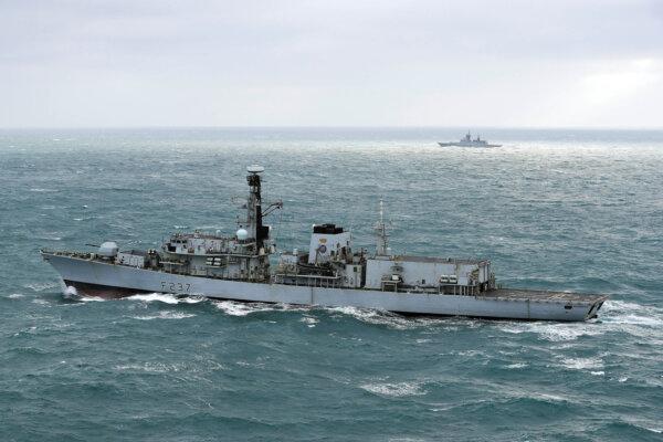 An undated image of the Royal Navy Type 23 frigate HMS Westminster (foreground) shadowing the Russian frigate Boiky in the English Channel. (Ministry of Defence)