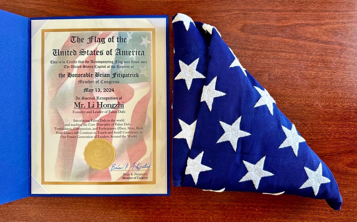 A flag of the United States was flown over the U.S. Capitol at the request of Rep. Brian Fitzpatrick (R-Pa.) in special recognition of Mr. Li Hongzhi, the founder of Falun Gong, on May 13, 2024. (Courtesy of Jennie Sheeks)