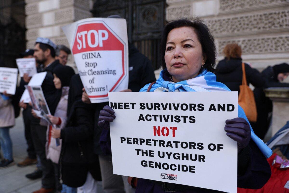 Uyghur activist and artist Rahima Mahmut attends a vigil outside the Foreign, Commonwealth, and Development Office in London on Feb. 13, 2023. (Isabel infantes/AFP via Getty Images)