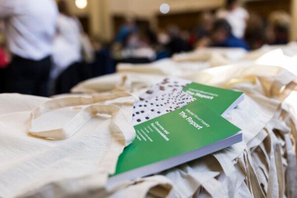 Copies of Sir Brian Langstaff's report on the infected blood scandal at Central Hall in Westminster, London, on May 20, 2024. (Tracey Croggon/Infected Blood Inquiry/PA)